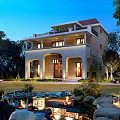 Elegant Detached Villa Two Story with Lush Greenery Lawn Water Pond Stone Pathway and Lighting