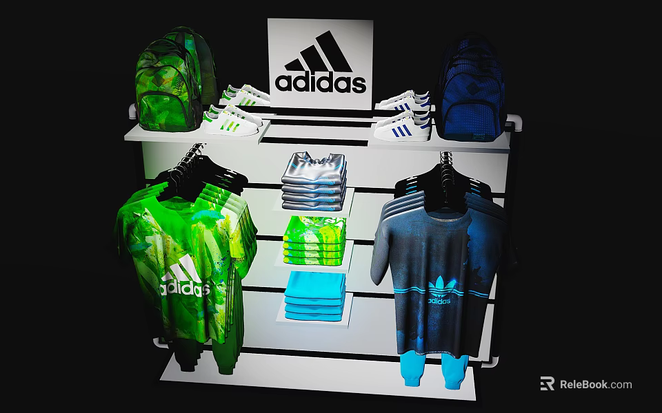 Adidas Retail Display Rack With Backpacks Shirts And Socks For Store 3d model 