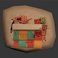 Cartoon Scene of a Market Stall with Colorful Awning Decorative Carpets Figurine and Vibrant Details