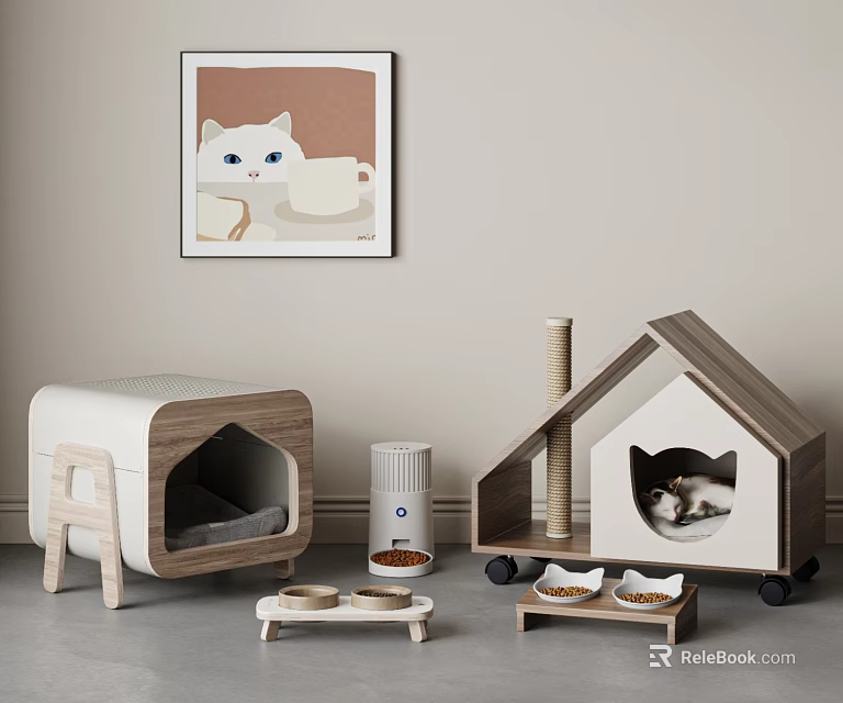 Modern Wooden Pet Furniture Set With Cat House Scratching Post And Food Bowls 3d model 