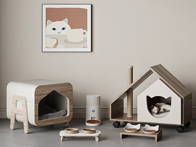 Modern Wooden Pet Furniture Set With Cat House Scratching Post And Food Bowls 3d model