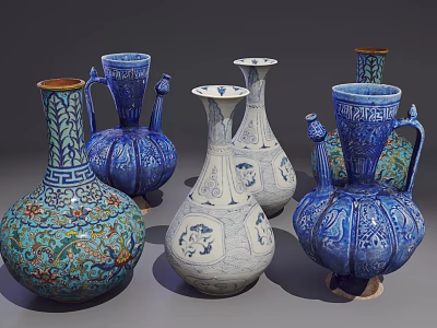 Blue White And Turquoise Ceramic Vessels With Vases Ewers And Intricate Floral Designs 3d model
