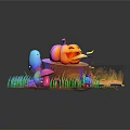 Cartoon Scenery with Pumpkin Lantern on Tree Stump Black Cat Colorful Mushrooms and Open Book