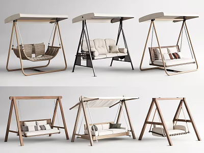 Outdoor Swing Chairs With Various Designs Wooden Frames And Cushioned Seats 3d model