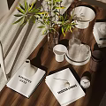 Minimalist Decorative Ornament Set With Green Plants Glass Vase Books White Decor On Wooden Tabletop