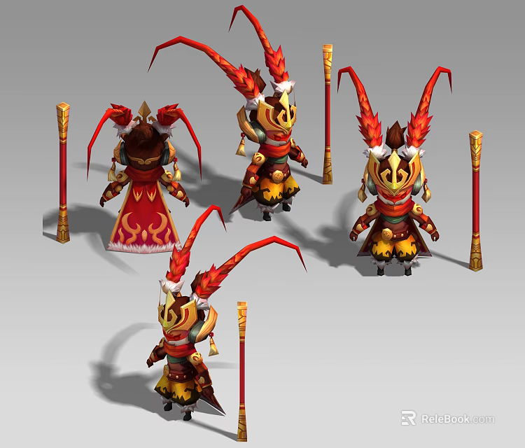 Fantasy Game Character With Multiple Poses Red Gold Costume Cloak Horned Design And Staff Weapon 3d model 