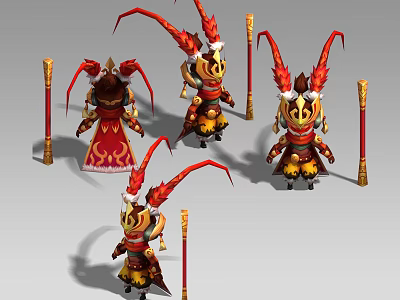 Fantasy Game Character With Multiple Poses Red Gold Costume Cloak Horned Design And Staff Weapon 3d model