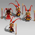 Fantasy Game Character With Multiple Poses Red Gold Costume Cloak Horned Design And Staff Weapon