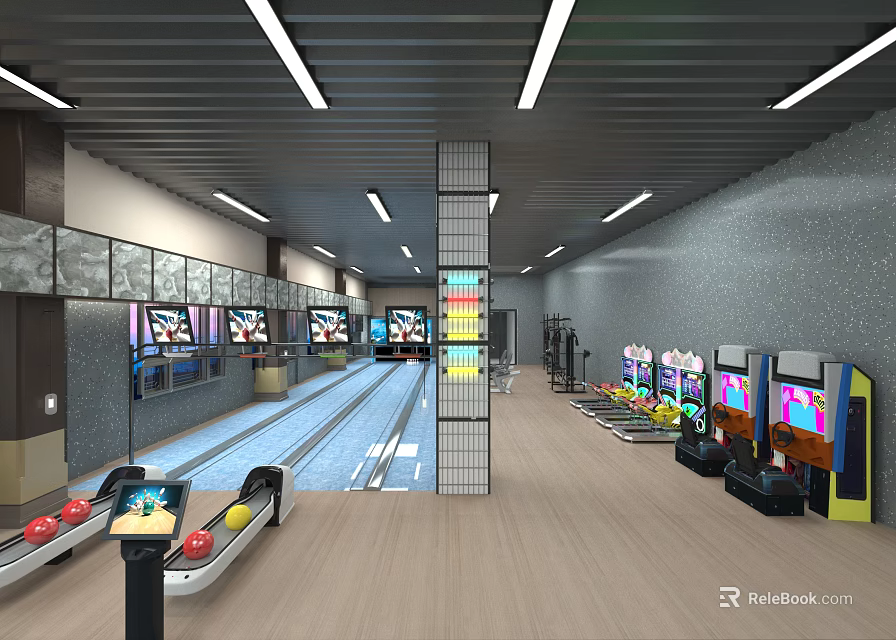 Indoor Sports Fitness Center Featuring Bowling Lanes Game Machines Strip Lights And Wooden Flooring 3d model 