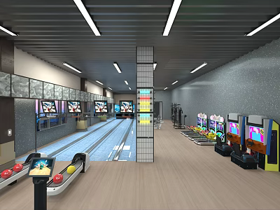 Indoor Sports Fitness Center Featuring Bowling Lanes Game Machines Strip Lights And Wooden Flooring 3d model