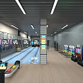 Indoor Sports Fitness Center Featuring Bowling Lanes Game Machines Strip Lights And Wooden Flooring