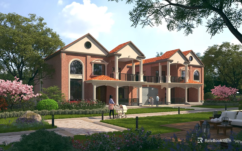 Semi Detached Villa With Red Brick Exterior Arched Windows Balconies And Green Lawn Landscape 3d model 