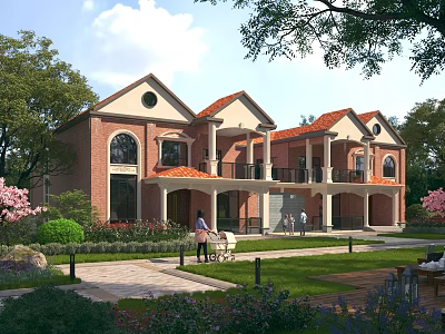 Semi Detached Villa With Red Brick Exterior Arched Windows Balconies And Green Lawn Landscape 3d model