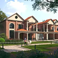Semi Detached Villa With Red Brick Exterior Arched Windows Balconies And Green Lawn Landscape