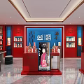 Chinese Style Seafood Shopping Mall Store With Red Display Counters And Blue Walls
