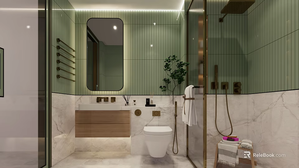 Modern Bathroom Interior Design With Green Tiled Walls Marble Vanity And Shower Area 3d model