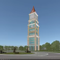 Tall Red Spire Clock Tower With Glass Windows And Surrounding Trees Under Blue Sky