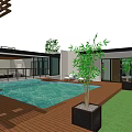 Modern Detached House Exterior With Palm Trees Green Lawn And Garage