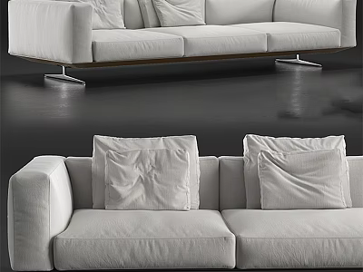 Modern White Three Seater Sofa With Fabric Upholstery Soft Pillows And Metal Legs Design 3d model