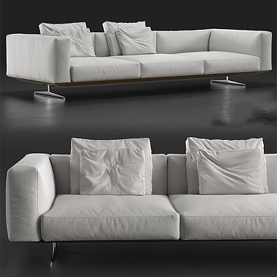 Modern White Three Seater Sofa With Fabric Upholstery Soft Pillows And Metal Legs Design 3d model