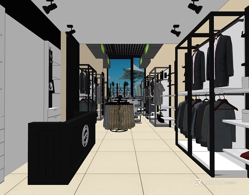 Modern Clothing Store Interior With Spacious Layout Clothing Racks Suits And Display Counter 3d model 