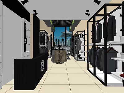 Modern Clothing Store Interior With Spacious Layout Clothing Racks Suits And Display Counter 3d model