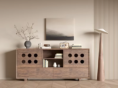 Modern Wooden Entryway Side Cabinet With Vase Books Clock Wall Art And Floor Lamp 3d model