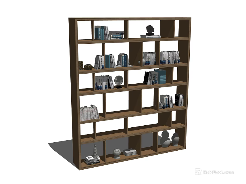Wooden Open Shelving Bookcase Featuring Multiple Compartments Stacked Books And Decorative Ornaments 3d model 