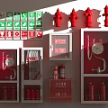 Fire Equipment Display with Fire Hydrants Extinguishers Hoses Pressure Gauges and Safety Signs in Cabinets