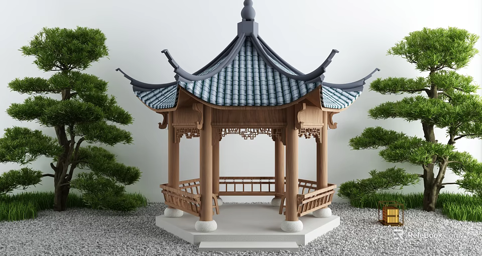 Traditional Chinese Pavilion Featuring Blue Tiled Roof Wooden Structure Pine Trees Stone Ground And Lantern 3d model 