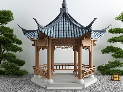 Traditional Chinese Pavilion Featuring Blue Tiled Roof Wooden Structure Pine Trees Stone Ground And Lantern 3d model