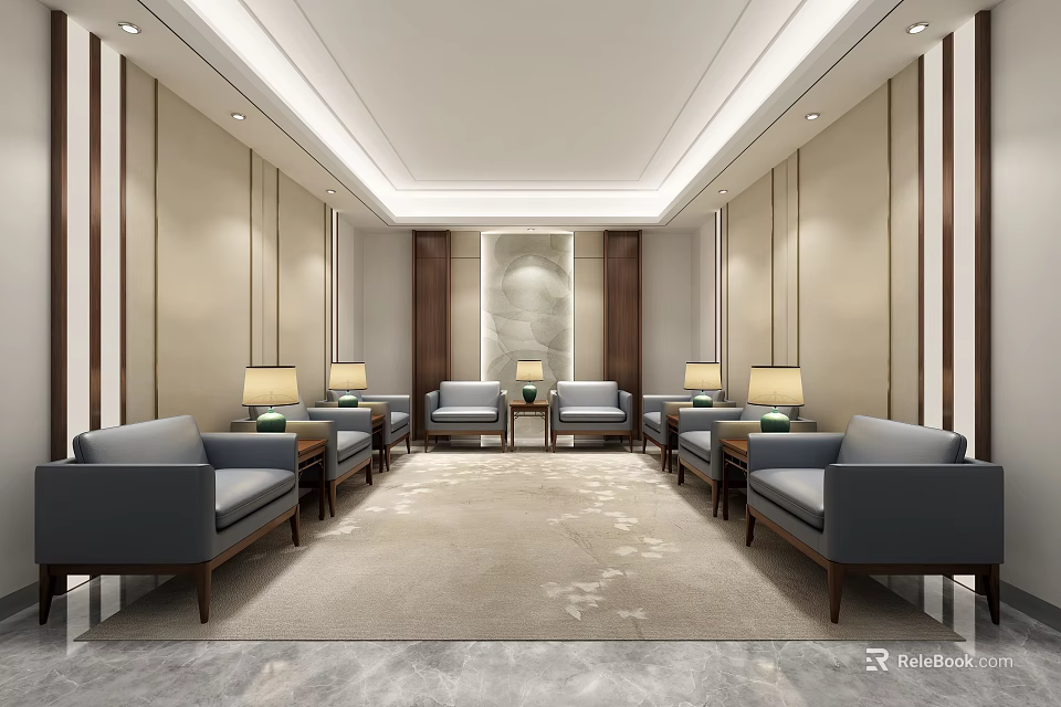 Modern Hotel Public Lounge Area With Gray Sofas Carpet And Wall Lamps 3d model 