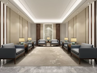 Modern Hotel Public Lounge Area With Gray Sofas Carpet And Wall Lamps 3d model
