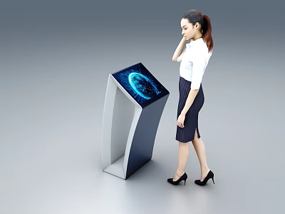 Professional Woman Using Interactive Touchscreen Kiosk With Digital Earth Interface 3d model