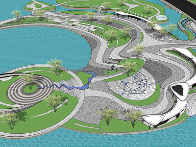 Modern Park Landscape With Winding Paths Spiral Structures Water Features And Greenery 3d model