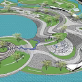 Modern Park Landscape With Winding Paths Spiral Structures Water Features And Greenery