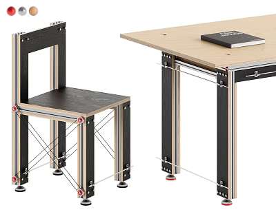 Modern Dining Chair With Wooden Seat Metal Frame And Modular Design Alongside Table 3d model