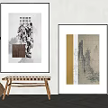 Textured Wall Interior With Framed Artworks Potted Plant And Wooden Stool