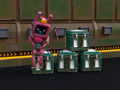 Pink Robot Character With Square Head X Shaped Eyes And Green Boxes On Metal Wall 3d model