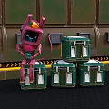 Pink Robot Character With Square Head X Shaped Eyes And Green Boxes On Metal Wall