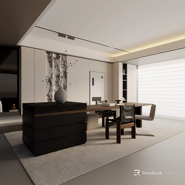 Modern Dining Room Interior With Stylish Dining Table Set Chairs Abstract Artwork And Cabinets 3d model