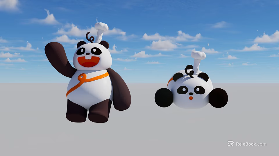 Cute Panda Toys With Chef Hats Orange Ribbons Smiling Faces Against Blue Sky Clouds 3d model 
