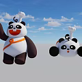 Cute Panda Toys With Chef Hats Orange Ribbons Smiling Faces Against Blue Sky Clouds