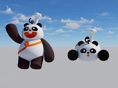 Cute Panda Toys With Chef Hats Orange Ribbons Smiling Faces Against Blue Sky Clouds 3d model