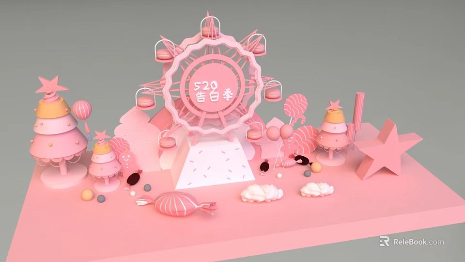Pink 520 Confession Season Scene With Ferris Wheel Candies Stars And Clouds 3d model 