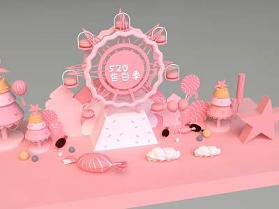 Pink 520 Confession Season Scene With Ferris Wheel Candies Stars And Clouds 3d model