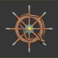 Orange Ship Wheel With Blue Handles Yellow Center And Twisted Rope