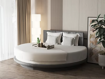 Modern Round Bed In Cozy Bedroom With Lamp Plant And Art 3d model