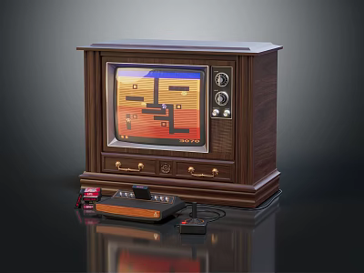 Vintage TV with Wooden Cabinet and Retro Game Console with Controller Displaying Classic Game Screen 3d model