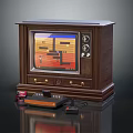 Vintage TV with Wooden Cabinet and Retro Game Console with Controller Displaying Classic Game Screen